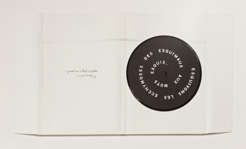 Marcel Duchamp, Esquivons Les Ecchymoses Des Esquimaux Aux Mots Exquis, 1968, from SMS, Issue 2. 45-rpm vinyl record with collage additions affixed to paper folder, 11 x 14 3/8 inches. Collection of SMoCA; purchased with funds provided by David and Sara Lieberman. © Succession Marcel Duchamp/ADAGP, Paris/Artists Rights Society (ARS), NY 2015. Photo: Dana Buhl. Reproduction, including downloading of Man Ray works is prohibited by copyright laws and international conventions without the express written permission of Artists Rights Society (ARS), New York.