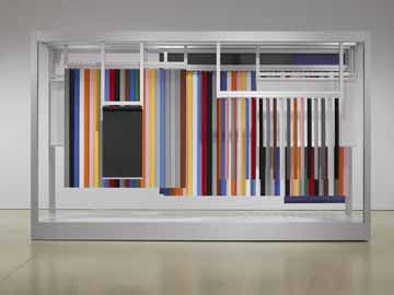 Jennifer Marman and Daniel Borins, Pavilion of the Blind, 2013. Mechanized vertical blinds, shades, and panel systems (custom colored), motors and micro-controller, 120 x 192 x 48 inches. Edition 2/2. Courtesy of the artists and Cristin Tierney Gallery, New York. © Jennifer Marman and Daniel Borins