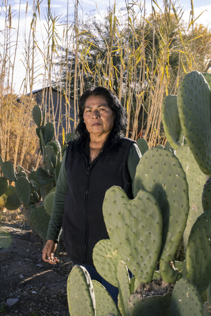 Woman facing the camera standing by a cactus.